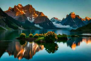 mountains reflected in a lake at sunset. AI-Generated photo