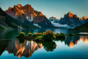 montañas reflejado en un lago a puesta de sol. generado por ai foto