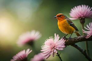 a bird is perched on a branch with pink flowers. AI-Generated photo