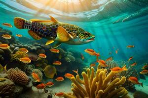 un submarino escena con un vistoso pescado nadando terminado coral arrecifes generado por ai foto