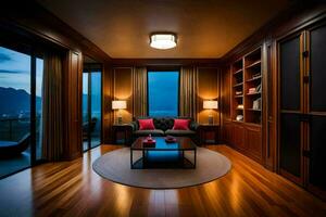the living room has a large window and wooden floors. AI-Generated photo