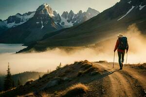 a man with a backpack walking on a dirt road in the mountains. AI-Generated photo