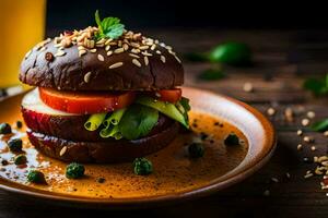 un hamburguesa con vegetales y un bebida en un lámina. generado por ai foto