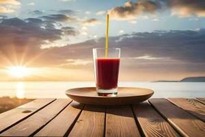 a glass of juice on a wooden table with the sun setting behind it. AI-Generated photo