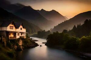 photo wallpaper the sky, mountains, river, house, river, mountains, river, house,. AI-Generated