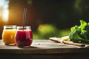 dos lentes de jugo en un mesa con brócoli. generado por ai foto