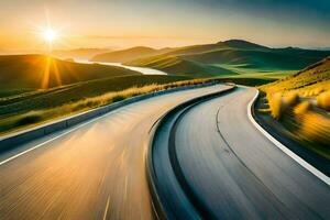 a winding road in the mountains with the sun setting. AI-Generated photo