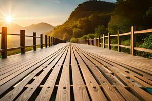 a wooden bridge over a lake with the sun setting. AI-Generated photo