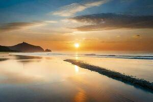 the sun sets over the ocean and a beach. AI-Generated photo