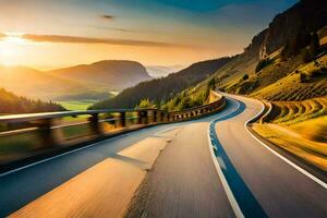 a road with a sunset in the background. AI-Generated photo