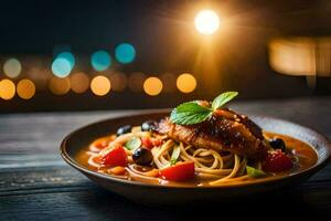 a plate of pasta with meat and tomatoes on a wooden table. AI-Generated photo