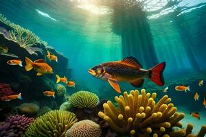 a fish swims in the ocean with coral reefs and other fish. AI-Generated photo