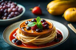 spaghetti with berries and sauce on a plate. AI-Generated photo