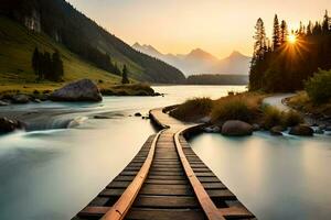 a wooden bridge crosses a river at sunset. AI-Generated photo