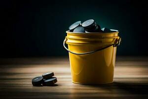 a yellow bucket filled with black hockey pucks. AI-Generated photo