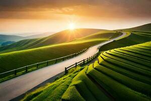 el la carretera a el puesta de sol. generado por ai foto