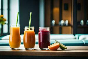 three glasses of juice on a wooden table. AI-Generated photo