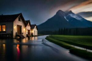 photo wallpaper the sky, mountains, rain, the house, the mountain, the house, the. AI-Generated