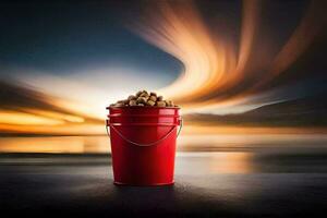 a red bucket filled with nuts on a beach. AI-Generated photo