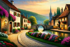 un pintura de un pueblo calle con flores y un puente. generado por ai foto