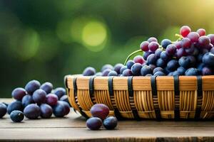 grapes in a basket on a wooden table. AI-Generated photo