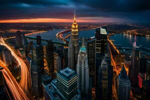 el ciudad horizonte a oscuridad con tráfico luces. generado por ai foto