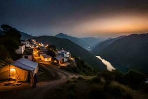 a view of a village at dusk with a river and mountains in the background. AI-Generated photo