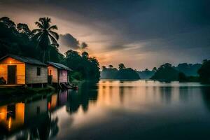 a small house sits on the shore of a river at sunset. AI-Generated photo