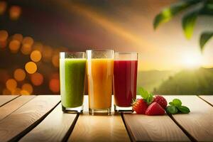 three glasses of juice on a wooden table. AI-Generated photo