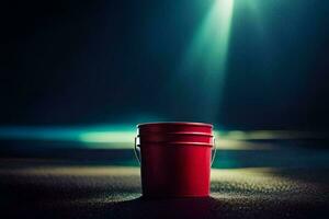 a red bucket on a dark floor with a spotlight. AI-Generated photo