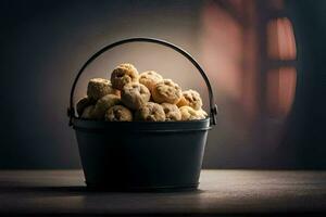 un Cubeta lleno con galletas en un mesa. generado por ai foto