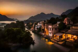 photo wallpaper the sky, mountains, river, house, sunset, the village, the river,. AI-Generated