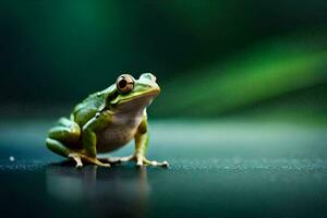 a frog sitting on a table with a green background. AI-Generated photo