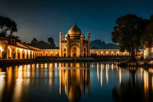 el mezquita a noche con reflexiones en el agua. generado por ai foto