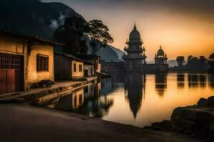 un templo es reflejado en el agua a puesta de sol. generado por ai foto