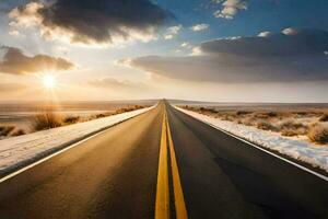 un largo la carretera en el Desierto con el Dom ajuste detrás él. generado por ai foto