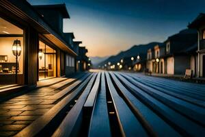 a long wooden walkway in front of a building. AI-Generated photo