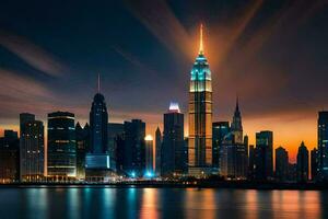 el ciudad horizonte a noche con luces brillante. generado por ai foto