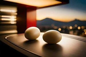 two eggs on a table in front of a city skyline. AI-Generated photo