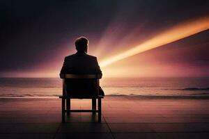 a man sits on a chair looking out at the ocean. AI-Generated photo