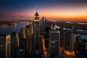 the empire state building is seen at sunset. AI-Generated photo