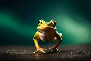 a frog is standing on a dark background. AI-Generated photo