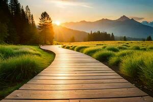 a wooden path leads to a grassy field with mountains in the background. AI-Generated photo