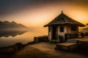 a small hut sits on the shore of a lake at sunrise. AI-Generated photo