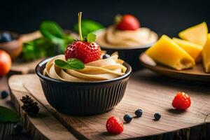 a bowl of peanut butter with strawberries and cheese. AI-Generated photo