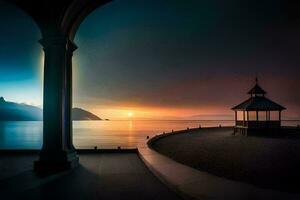 un Kiosko se sienta en el borde de un lago a puesta de sol. generado por ai foto