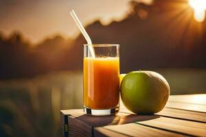 a glass of juice with an apple on a table. AI-Generated photo