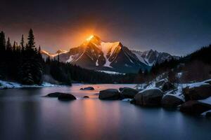 un montaña rango es reflejado en el agua a puesta de sol. generado por ai foto