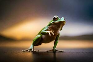 a frog standing on its hind legs with its back to the camera. AI-Generated photo