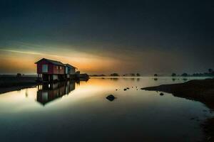 a small red house sits on the shore of a lake at sunrise. AI-Generated photo
